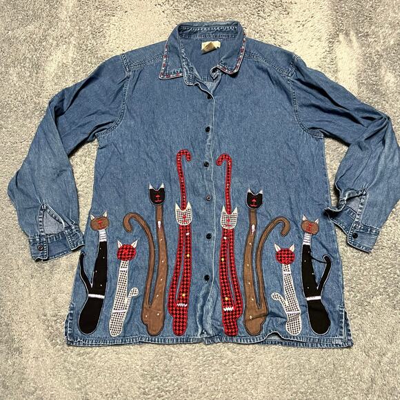 Bobbie Brooks Tops - Vintage Womens 90's Bobby Brooks Embroidered Cat Large Denim Long Sleeved Shirt
